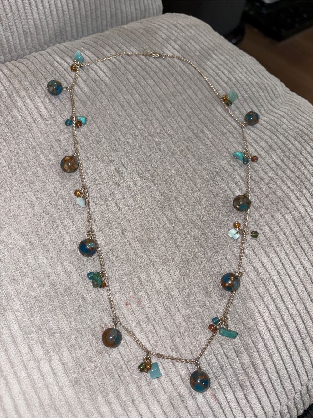 21-Gold Chain Necklace with Turquoise and Brown Glass Beads